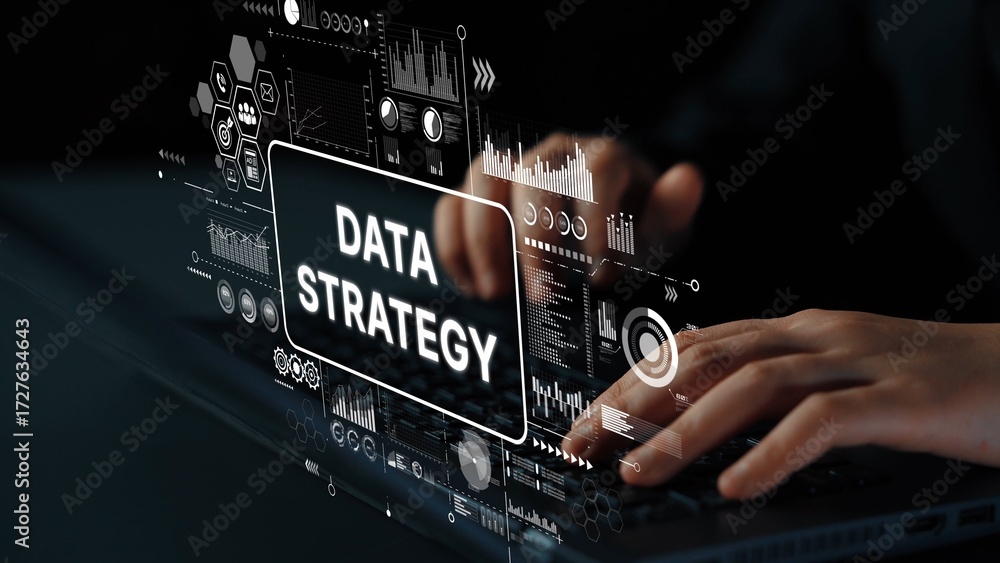 Poster hands typing on laptop with data strategy graphics and digital interface elements in a dark environm