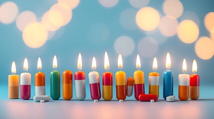 Candlelight of colorful medicine capsules, pills and antibiotics lined up on blue background. Drug development, pharmaceutical industry, pharmacy, healthcare, medical treatment.