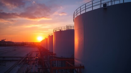 Row of oil tanks, industrial environment, sunset sky, energy sector, petroleum production business, storage, logistics, transportation, fuel industry, oil price, refinery market, environmental impact.