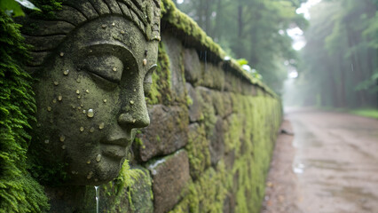 Obraz premium Macro of Moss-Covered Stone Wall Forming a Concentrated Meditative Face with Water Droplet Tears, Personified Landscape