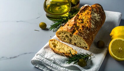 Fresh bread on a towel with olive oil, olives, lemons, and rosemary sprigs