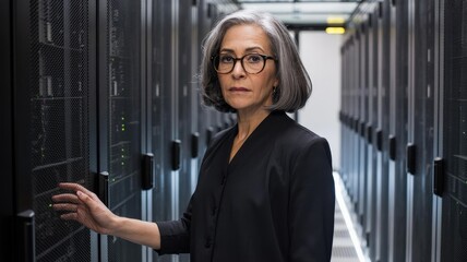 Fototapeta premium Hispanic Female Tech Executive in Data Center — Cybersecurity Portrait