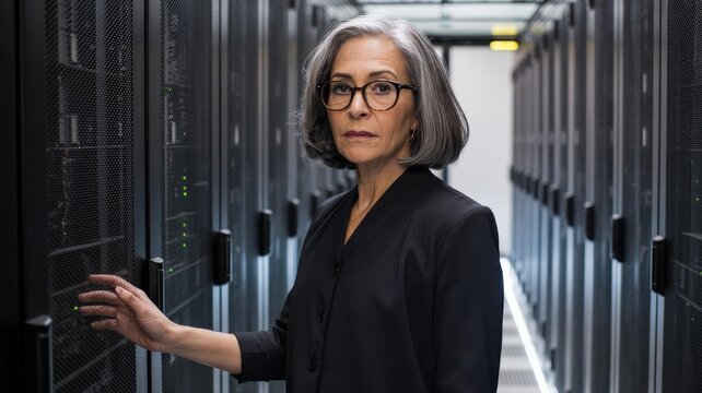 Hispanic Female Tech Executive in Data Center — Cybersecurity Portrait - Powered by Adobe