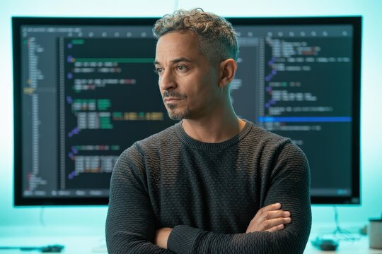 Middle Eastern Tech Lead (40s) Headshot with Code Monitor, Teal Backlit