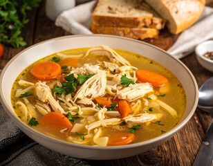 Bowl of chicken noodle soup with bread