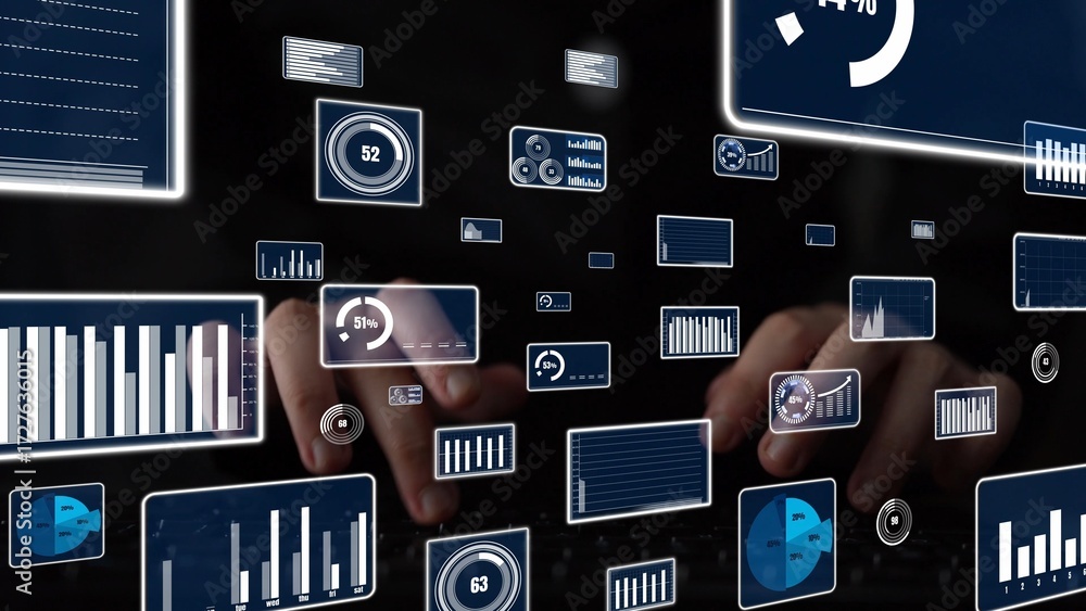 Poster a creative digital interface showcases various data graphics and metrics, illustrating advanced tech