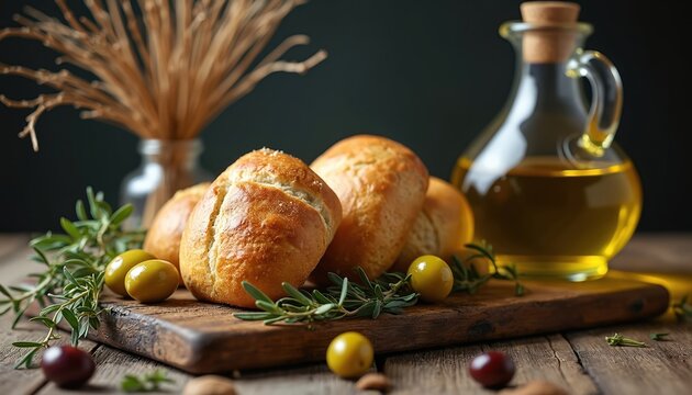 Rustic wooden board displays fresh baked bread rolls, green olives, rosemary sprigs, and olive oil. Ingredients for Mediterranean meal preparation await.