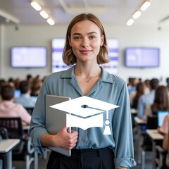 Young Caucasian woman (mid-20s) in teal blouse with laptop — graduation cap icon, online degree hero/landing image