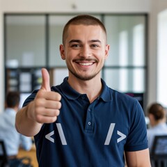 Smiling Caucasian Man (20s), Navy Polo, Thumbs-Up — Tech Hiring Headshot