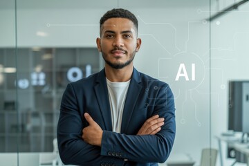 Young Black Business Leader Portrait (20s–30s) in Navy Blazer — AI Circuit Overlay on Glass, Blurred Teal Office — Headshot for AI Consulting & Enterprise Strategy