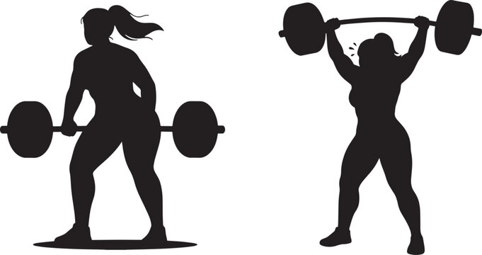Set of silhouettes of woman athlete lifting weights in gym fitness illustration
