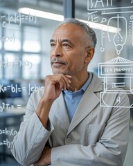 Senior Middle Eastern/Latino Scientist Portrait at Glass Whiteboard — Thoughtful R&D/Pharma Leader