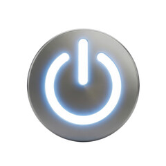 Illuminated power button symbol glowing with bright white light on a metallic circular surface isolated on transparent background