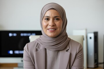 Middle-Aged Muslim Woman Wearing Taupe Hijab and Blazer — Business Headshot