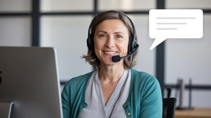Smiling middle-aged Caucasian woman with headset — contact support live chat