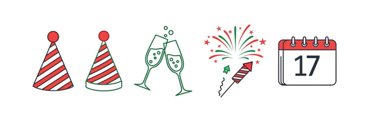 Festive cheer with party hats, celebratory drinks, fireworks, and a calendar marking the 17th day, perfect for invitations, social media posts, and holiday promotions