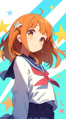 A young orange haired anime girl in a school uniform
