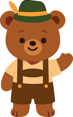 This image shows a cute cartoon bear dressed in traditional Bavarian clothing with brown overalls, a green hat with a yellow feather, and a friendly smile.
