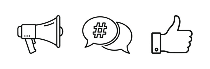 Obraz premium Boost engagement with this icon set featuring a megaphone, hashtag chat bubbles, and a thumbs up, perfect for social media marketing and digital campaigns with modern vector graphics