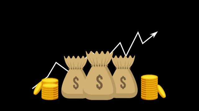 Business Motion Graphics Animation dolor bag with gold coin animation video black background