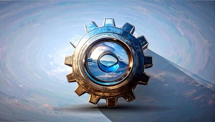 Gear with mirrored center reflects sky and mountains, set against a swirled cloud background