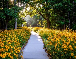 Sunny path through yellow flowers