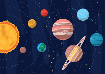 Vector cartoon flat illustration of Solar System. Map of space with planets and sun. © Karolna