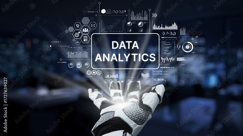 Poster a robotic hand presenting the concept of data analytics, featuring dynamic visual elements like grap