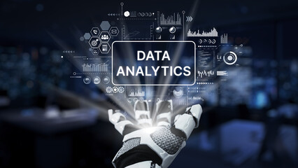 A robotic hand presenting the concept of data analytics, featuring dynamic visual elements like graphs and charts, set against a modern office backdrop. Synapse
