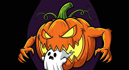 Obraz premium Spooky Halloween Pumpkin Monster Devouring a Ghost Illustration Perfect for Holiday Fun!
