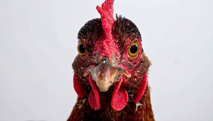 Detailed, eye-level view of a brown chicken against a plain white background