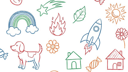 Vector art of cute handdrawn doodle elements including a dog, rainbow, rocket, sun, and house