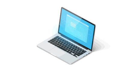 Modern silver laptop computer with a blue screen shown in an isometric view.