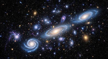 A breathtaking cosmic panorama showcases a dynamic collection of luminous spiral and elliptical galaxies, swirling through the vast, star-dusted universe
