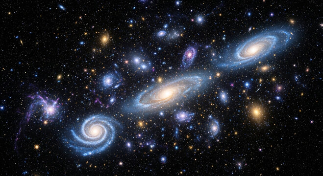 A breathtaking cosmic panorama showcases a dynamic collection of luminous spiral and elliptical galaxies, swirling through the vast, star-dusted universe