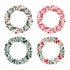 A hand-drawn Christmas wreath with green and red leaves. A bright illustration. Festive circles.