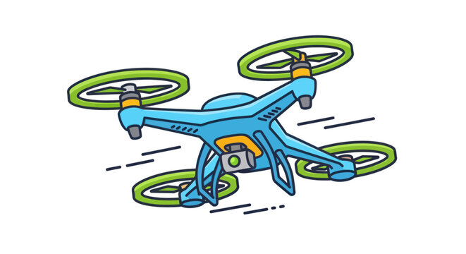 A vibrant cartoon illustration of a blue quadcopter drone with green propellers and a camera depicted in mid-flight.