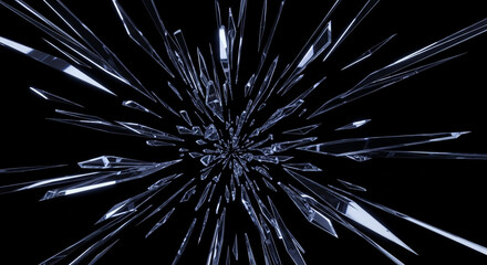 Abstract burst of sharp, reflective fragments radiating outwards on a dark background, evoking a sense of dynamic energy, explosion, or technological disruption
