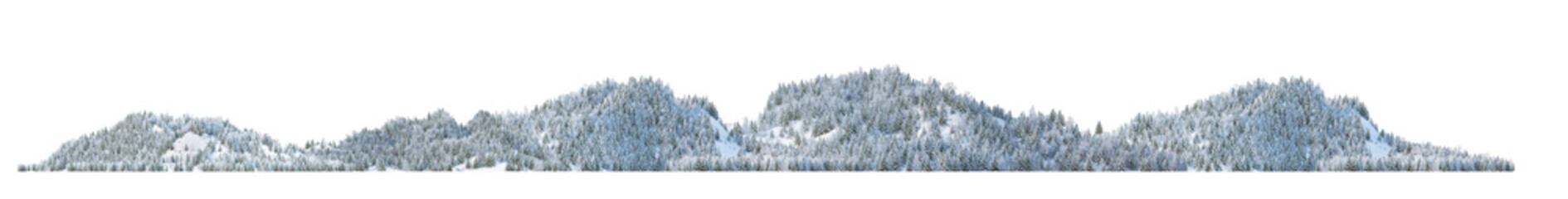 3D render panoramic view of mountains in winter on a transparent background.	