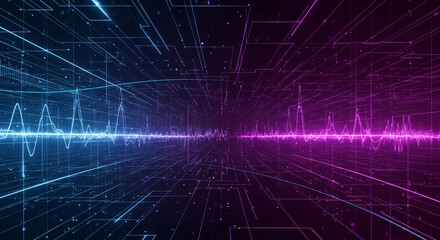 Futuristic technology concept with glowing blue and pink digital soundwaves clashing in a virtual data stream perspective grid