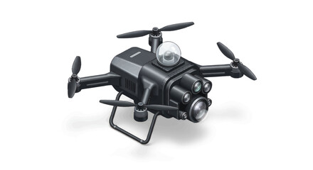 Illustrated black mini quadcopter drone with a front-facing camera and sensors.