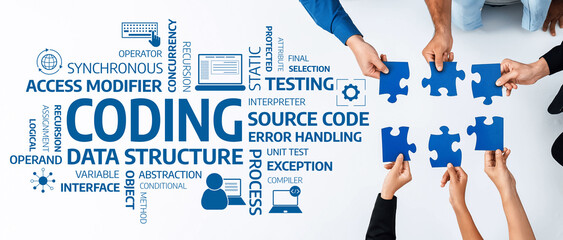 A diverse team collaborates on coding and data structure concepts, utilizing puzzle pieces to symbolize problem-solving in a modern workspace environment. Amity