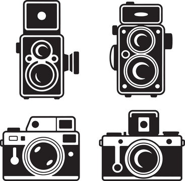Four black and white graphic icons of vintage cameras retro camera photography