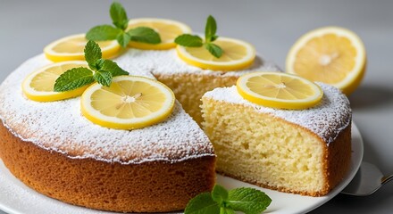 Delicious lemon cake with powdered sugar and lemon slices on white plate