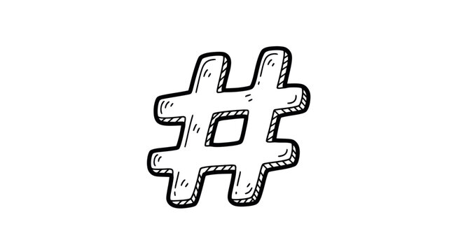 Hand-drawn black and white hashtag symbol with a sketchy 3D effect.
