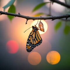 Monarch Butterfly Emerging Next to Chrysalis on Tree Branch with Bokeh Background at Sunset