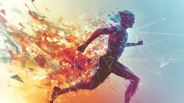 Futuristic athlete in motion shattering into geometric fragments. - Powered by Adobe