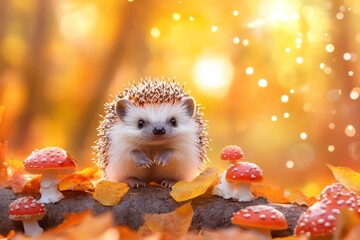 Obraz premium Adorable Hedgehog Among Autumn Leaves and Mushrooms