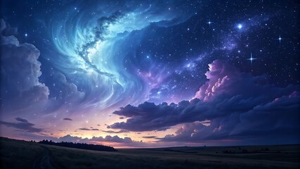 Obraz premium A breathtaking night sky with a vibrant nebula and a field in the foreground