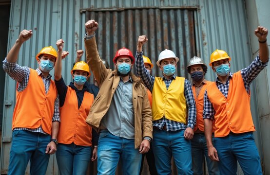 Diverse construction workers in safety gear raise fists in unity. They wear face masks, indicating a new normal for teamwork and industrial success after reopening. Safety first.